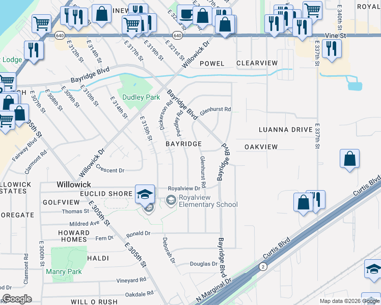map of restaurants, bars, coffee shops, grocery stores, and more near 713 Pendley Road in Willowick