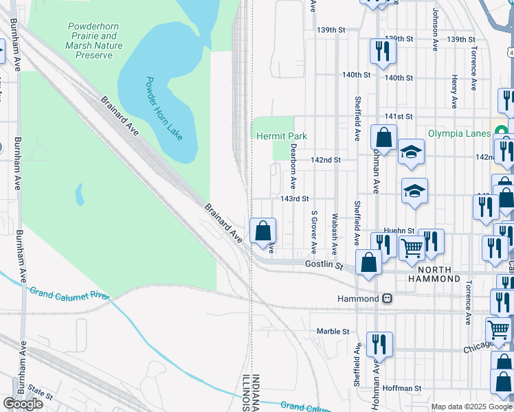 map of restaurants, bars, coffee shops, grocery stores, and more near 14289 State Line Road in Burnham