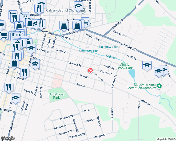 map of restaurants, bars, coffee shops, grocery stores, and more near 586 Chestnut Street in Meadville