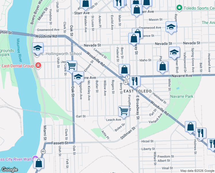 map of restaurants, bars, coffee shops, grocery stores, and more near 827 Willow Avenue in Toledo
