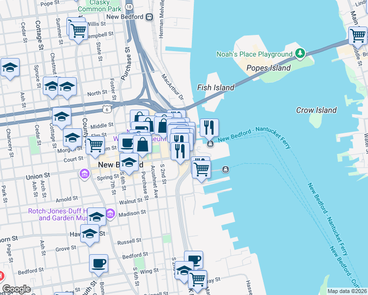 map of restaurants, bars, coffee shops, grocery stores, and more near 38 Bethel Street in New Bedford