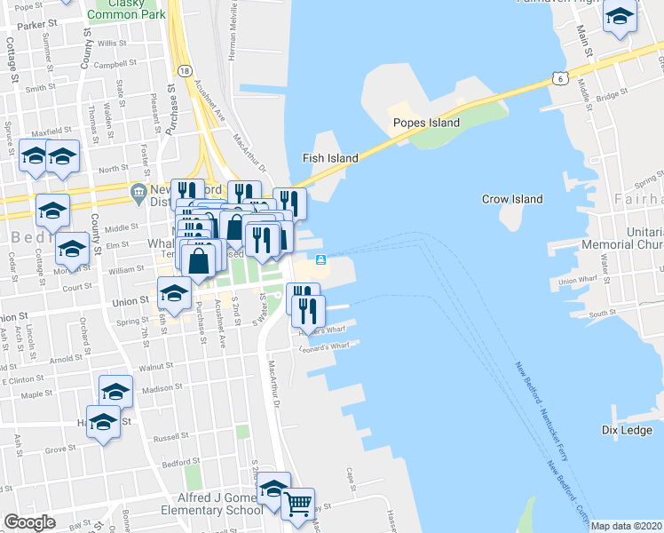 map of restaurants, bars, coffee shops, grocery stores, and more near 49 New Bedford - Cuttyhunk Ferry in New Bedford