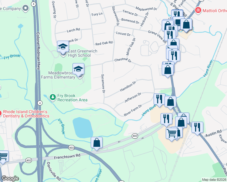 map of restaurants, bars, coffee shops, grocery stores, and more near 25 Hamilton Dr in East Greenwich