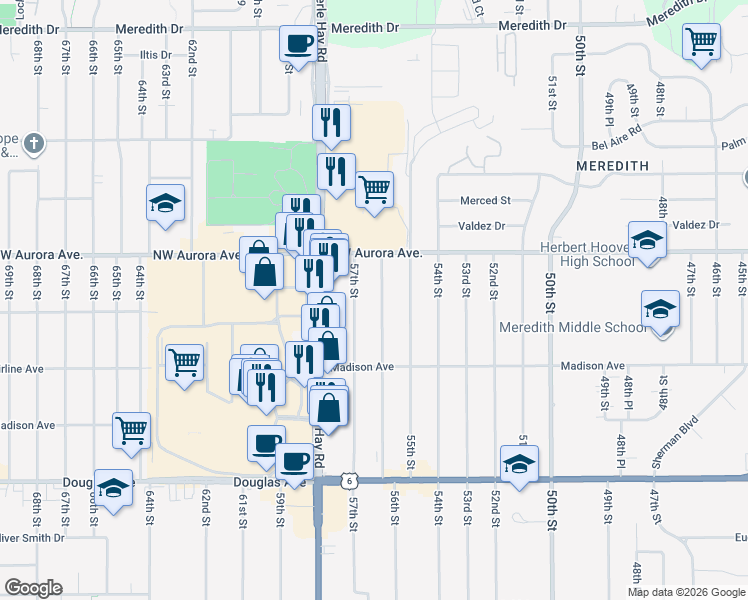 map of restaurants, bars, coffee shops, grocery stores, and more near 4125 57th Street in Des Moines