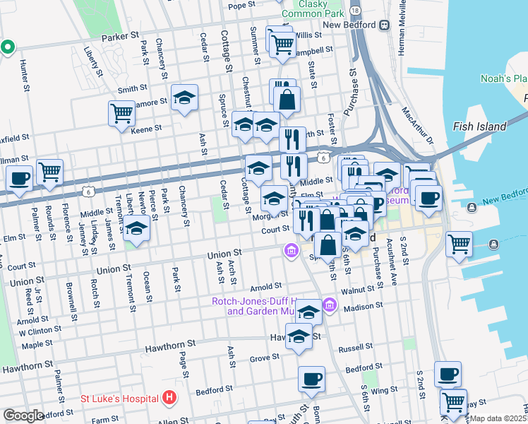 map of restaurants, bars, coffee shops, grocery stores, and more near 25 Morgan Street in New Bedford