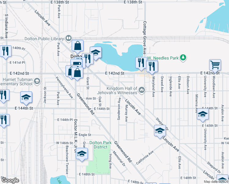 map of restaurants, bars, coffee shops, grocery stores, and more near 14287 Lincoln Avenue in Dolton