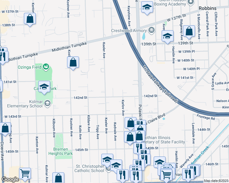 map of restaurants, bars, coffee shops, grocery stores, and more near 14143 Kedvale Avenue in Crestwood
