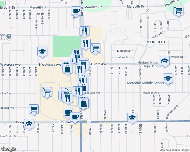 map of restaurants, bars, coffee shops, grocery stores, and more near 4125 57th Street in Des Moines