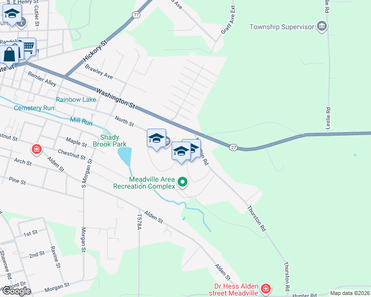 map of restaurants, bars, coffee shops, grocery stores, and more near 930 North Street in Meadville