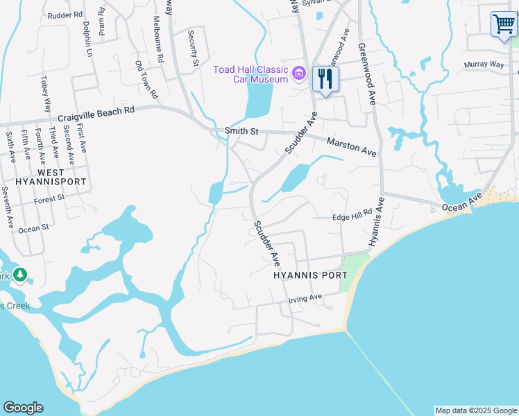 map of restaurants, bars, coffee shops, grocery stores, and more near 545 Scudder Avenue in Barnstable
