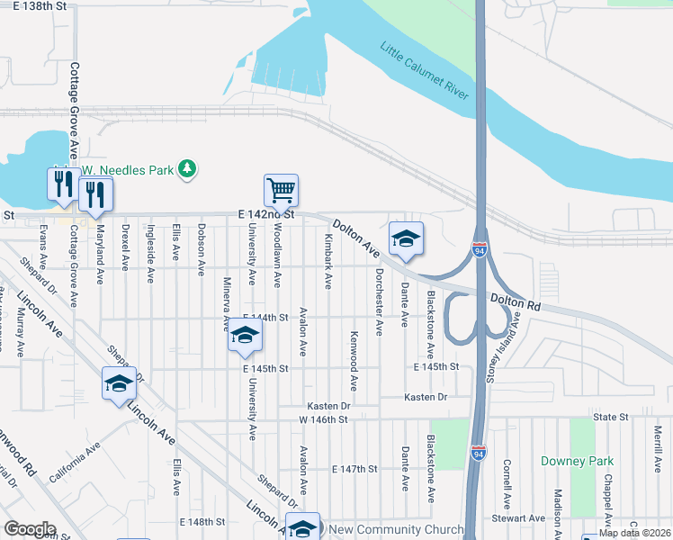 map of restaurants, bars, coffee shops, grocery stores, and more near 14248 Kenwood Avenue in Dolton