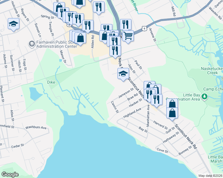 map of restaurants, bars, coffee shops, grocery stores, and more near 60 Sconticut Neck Road in Fairhaven