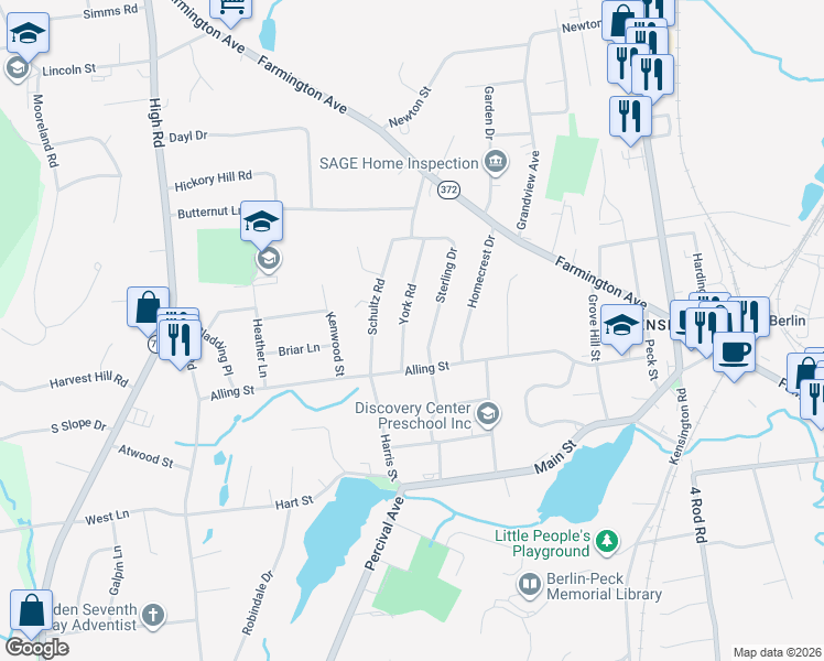map of restaurants, bars, coffee shops, grocery stores, and more near 51 Sterling Drive in Berlin