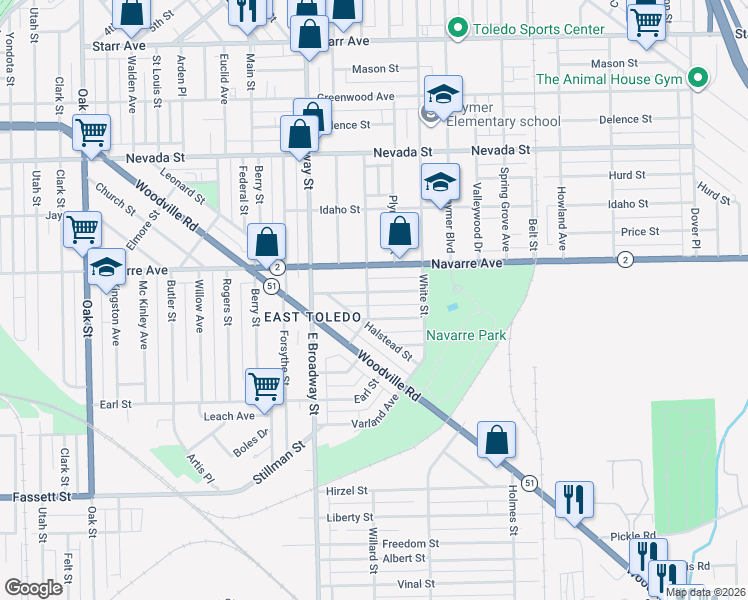 map of restaurants, bars, coffee shops, grocery stores, and more near 1215 Camden Street in Toledo