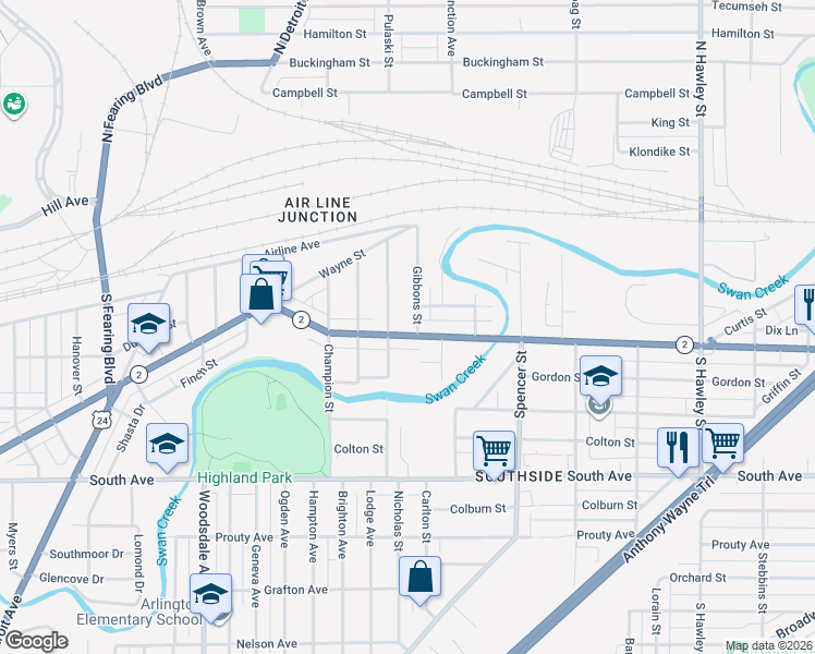 map of restaurants, bars, coffee shops, grocery stores, and more near 208 Gibbons Street in Toledo