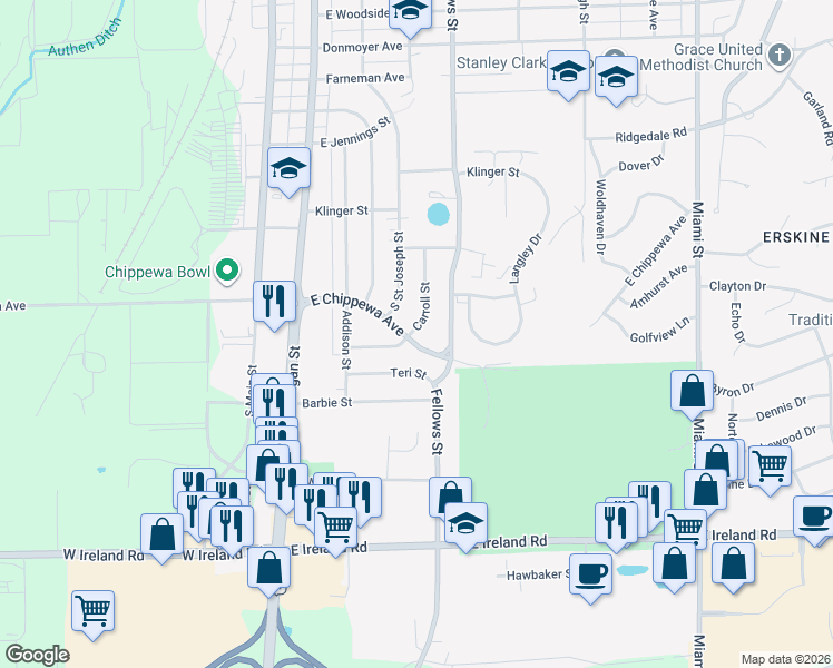 map of restaurants, bars, coffee shops, grocery stores, and more near 3904 Carroll Street in South Bend