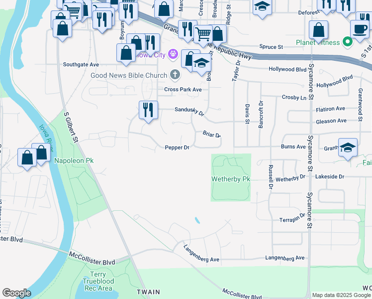 map of restaurants, bars, coffee shops, grocery stores, and more near 941 Pepper Drive in Iowa City