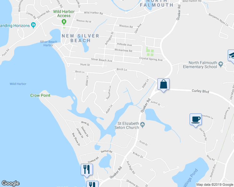 map of restaurants, bars, coffee shops, grocery stores, and more near 104 Alder Lane in Falmouth