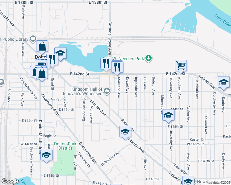 map of restaurants, bars, coffee shops, grocery stores, and more near 14244 Maryland Avenue in Dolton