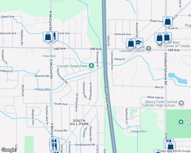 map of restaurants, bars, coffee shops, grocery stores, and more near 215 Roseanna Drive in Toledo