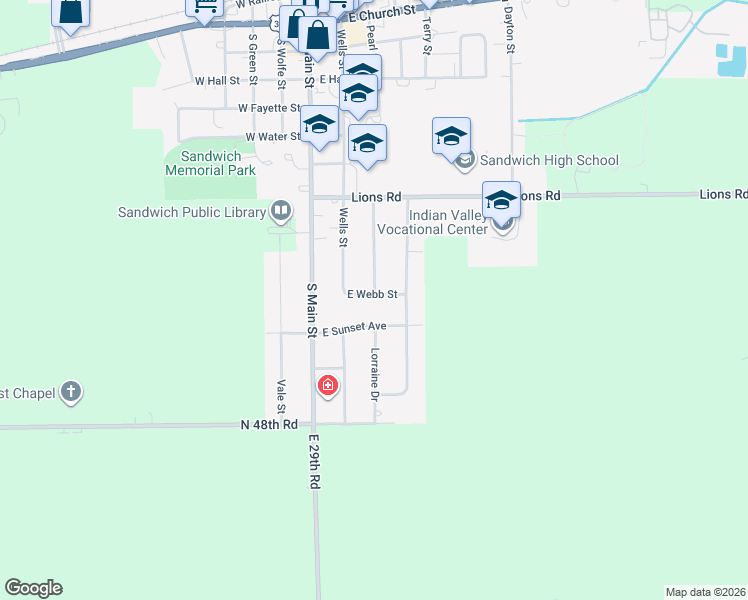 map of restaurants, bars, coffee shops, grocery stores, and more near 200 East Webb Street in Sandwich