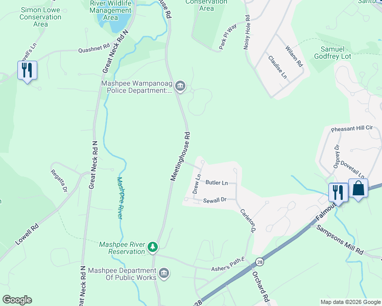 map of restaurants, bars, coffee shops, grocery stores, and more near 230 Meetinghouse Road in Mashpee