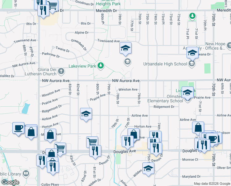 map of restaurants, bars, coffee shops, grocery stores, and more near 4106 78th Street in Urbandale