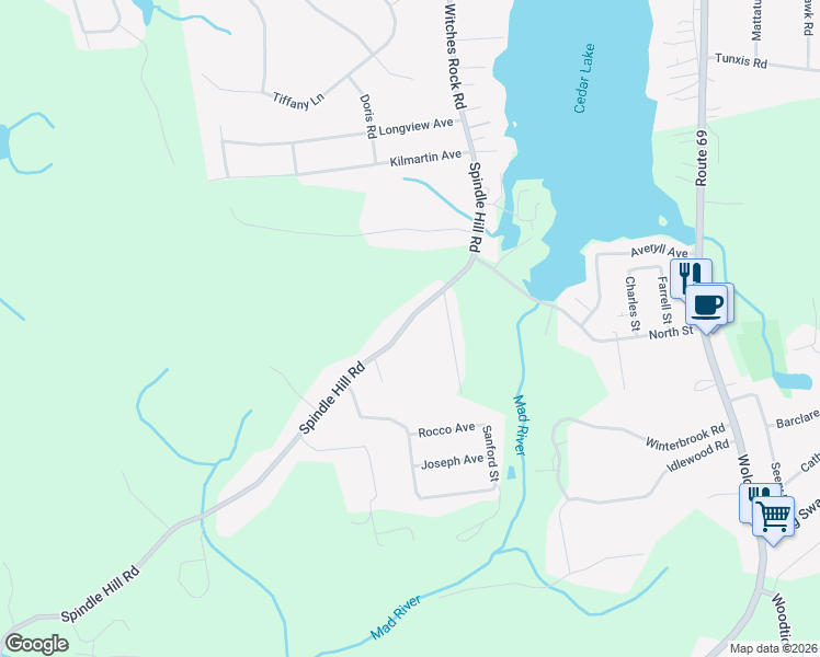 map of restaurants, bars, coffee shops, grocery stores, and more near 1244 Spindle Hill Road in Wolcott