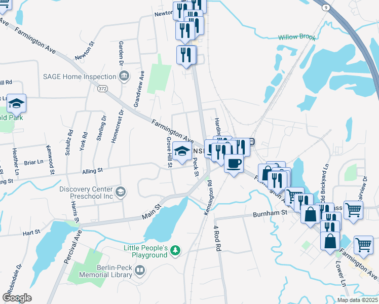 map of restaurants, bars, coffee shops, grocery stores, and more near 732 Farmington Avenue in Berlin