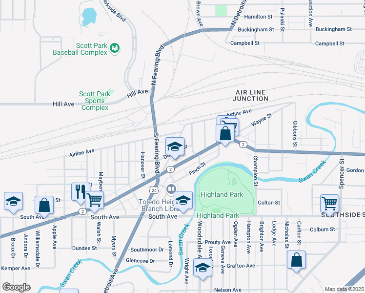 map of restaurants, bars, coffee shops, grocery stores, and more near 150 South Detroit Avenue in Toledo