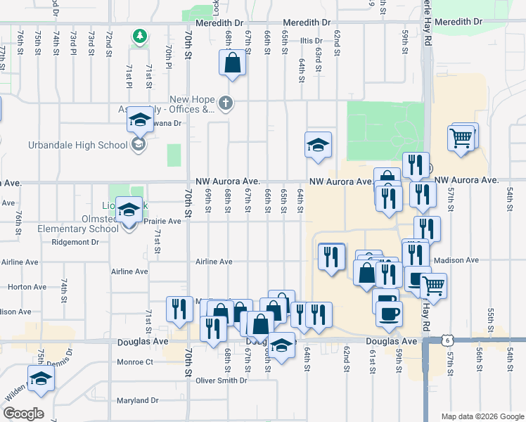map of restaurants, bars, coffee shops, grocery stores, and more near 4110 66th Street in Urbandale
