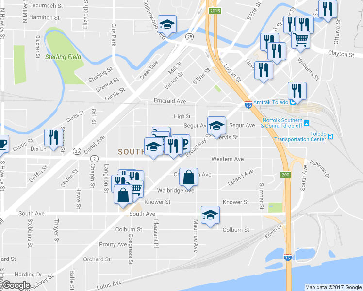 map of restaurants, bars, coffee shops, grocery stores, and more near 532 Eastern Avenue in Toledo