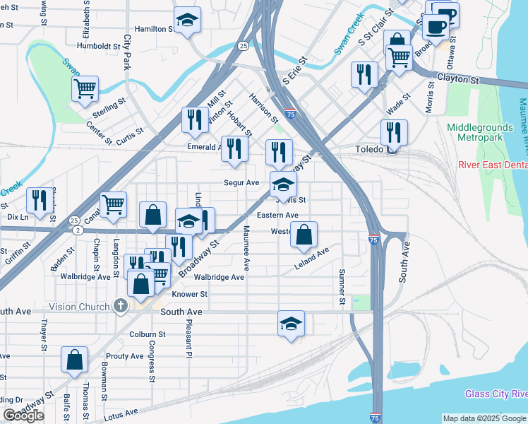 map of restaurants, bars, coffee shops, grocery stores, and more near 422 Eastern Avenue in Toledo