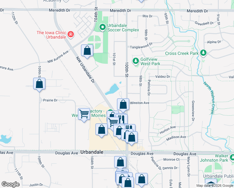 map of restaurants, bars, coffee shops, grocery stores, and more near 4140 100th Street in Urbandale