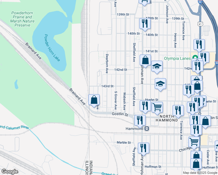 map of restaurants, bars, coffee shops, grocery stores, and more near 4303 143rd Street in Hammond