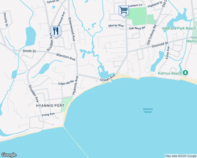 map of restaurants, bars, coffee shops, grocery stores, and more near 159 Ocean Avenue in Barnstable