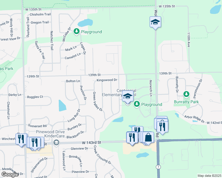 map of restaurants, bars, coffee shops, grocery stores, and more near 13960 Stonegate Lane in Orland Park