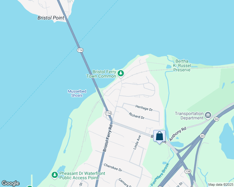 map of restaurants, bars, coffee shops, grocery stores, and more near 760 Bristol Ferry Road in Portsmouth