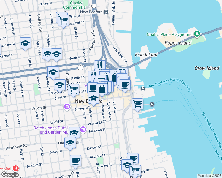 map of restaurants, bars, coffee shops, grocery stores, and more near 37 North 2nd Street in New Bedford