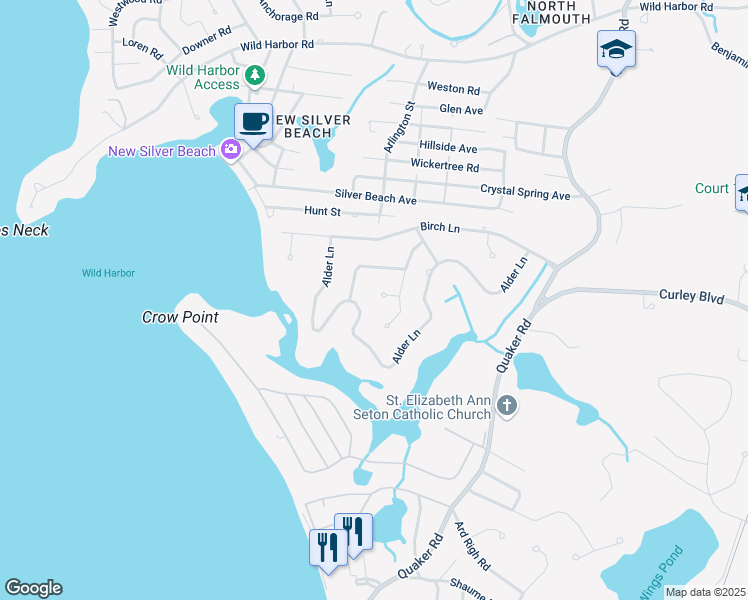 map of restaurants, bars, coffee shops, grocery stores, and more near 10 Aspen Lane in Falmouth