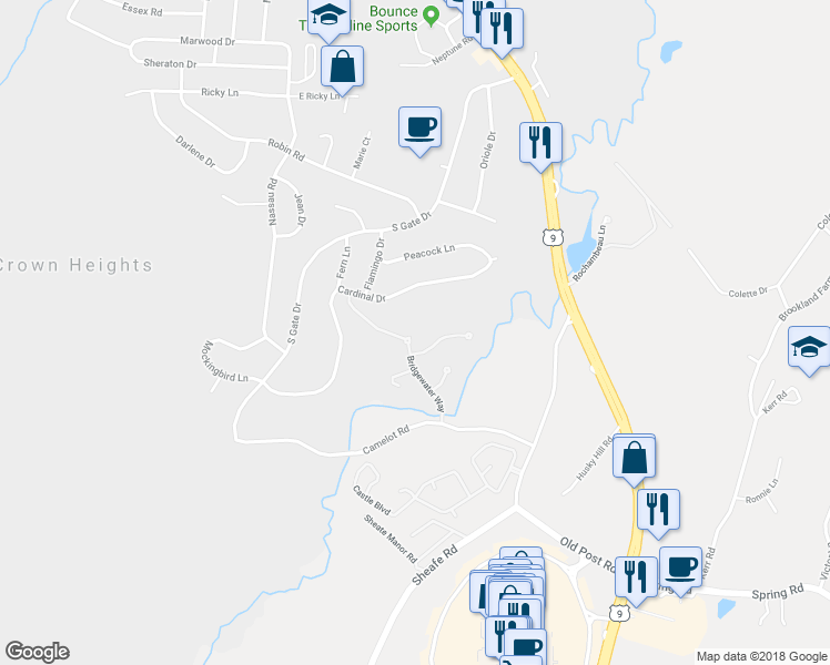 map of restaurants, bars, coffee shops, grocery stores, and more near 34 Bridgewater Way in Poughkeepsie