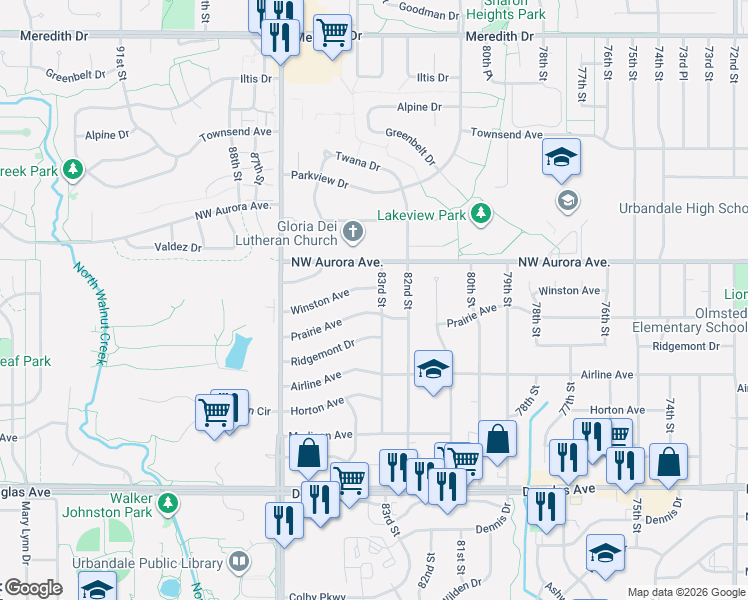 map of restaurants, bars, coffee shops, grocery stores, and more near 4109 83rd Street in Urbandale