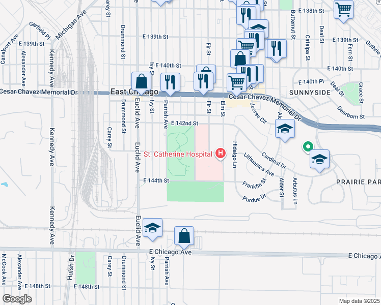 map of restaurants, bars, coffee shops, grocery stores, and more near 4298 Grand Boulevard in East Chicago