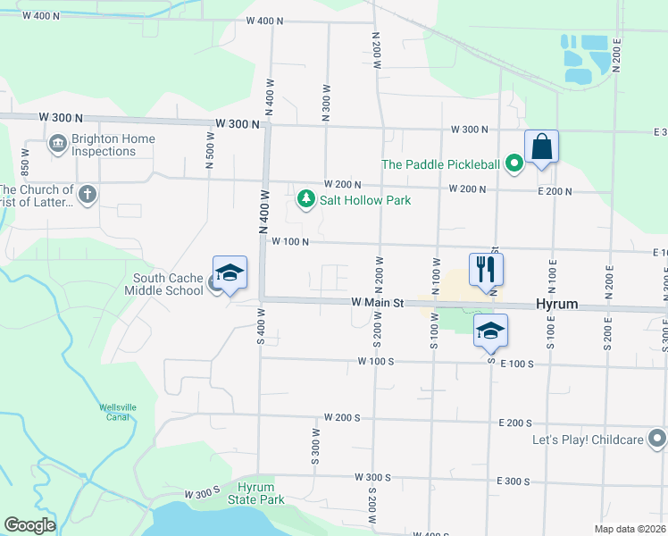 map of restaurants, bars, coffee shops, grocery stores, and more near 275 West 70 North in Hyrum