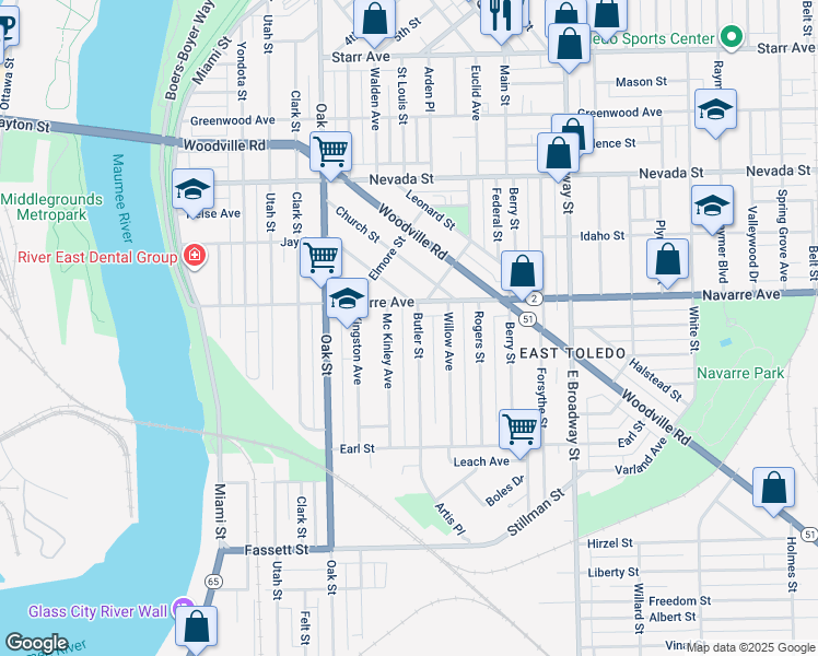 map of restaurants, bars, coffee shops, grocery stores, and more near 821 Butler Street in Toledo