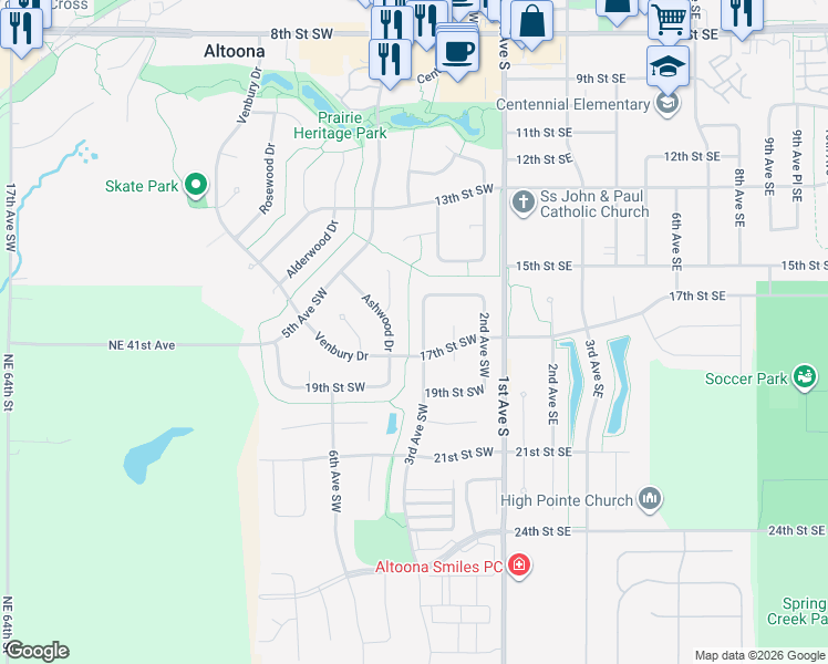 map of restaurants, bars, coffee shops, grocery stores, and more near 1610 3rd Avenue Southwest in Altoona