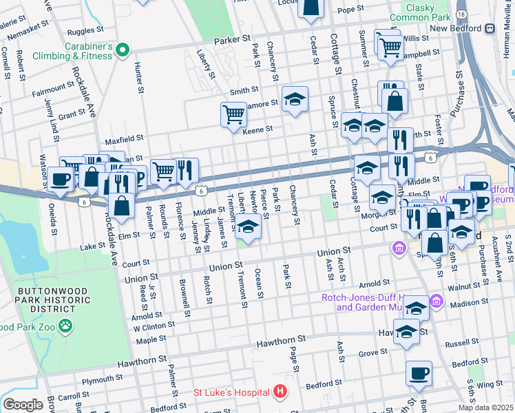 map of restaurants, bars, coffee shops, grocery stores, and more near 88 Newton Street in New Bedford