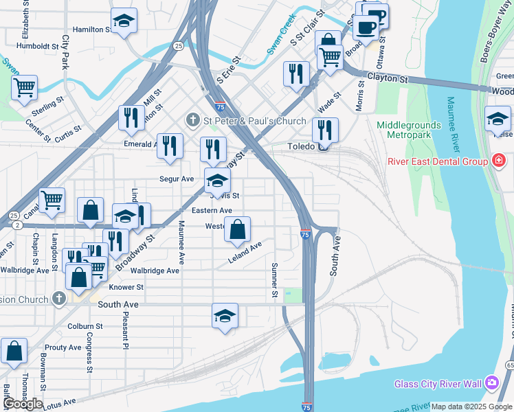 map of restaurants, bars, coffee shops, grocery stores, and more near 228 Eastern Ave in Toledo
