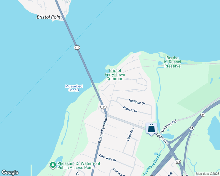 map of restaurants, bars, coffee shops, grocery stores, and more near 760 Bristol Ferry Road in Portsmouth