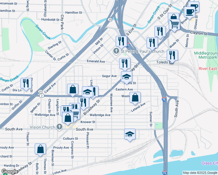 map of restaurants, bars, coffee shops, grocery stores, and more near 1026 Broadway Street in Toledo